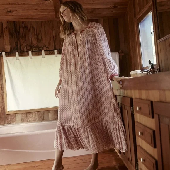 💋SOLD💋 ♥️🌹DÔEN ‘Emmeline’ Organic Cotton Voile Cascading Lace-Trim Nightgown - Picture 7 of 16